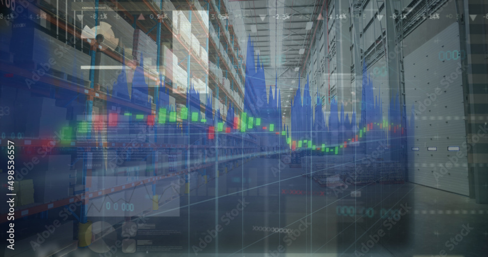 Image of statistics processing over warehouse in background Image of statistics processing over warehouse in background