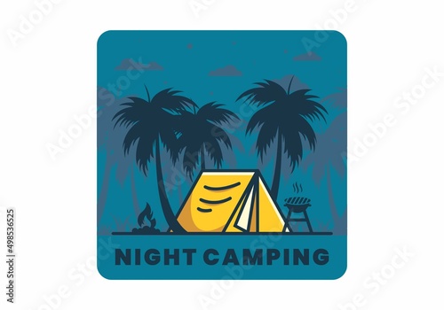 Colorful camping tent and coconut trees illustration