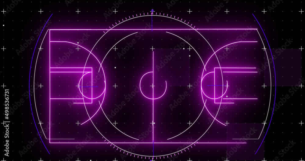 Image of purple neon basketball court and markers Stock Illustration