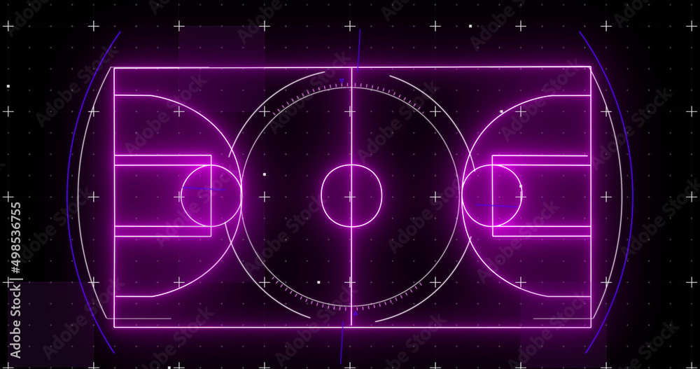 Naklejka premium Image of purple neon basketball court and markers