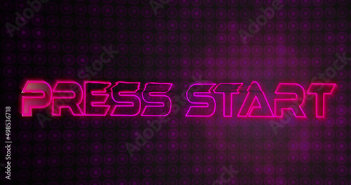 Image of press start text in metallic letters over purple glowing pattern