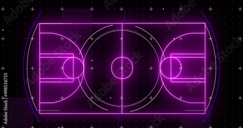 Fototapeta Naklejka Na Ścianę i Meble -  Image of purple neon basketball court and markers