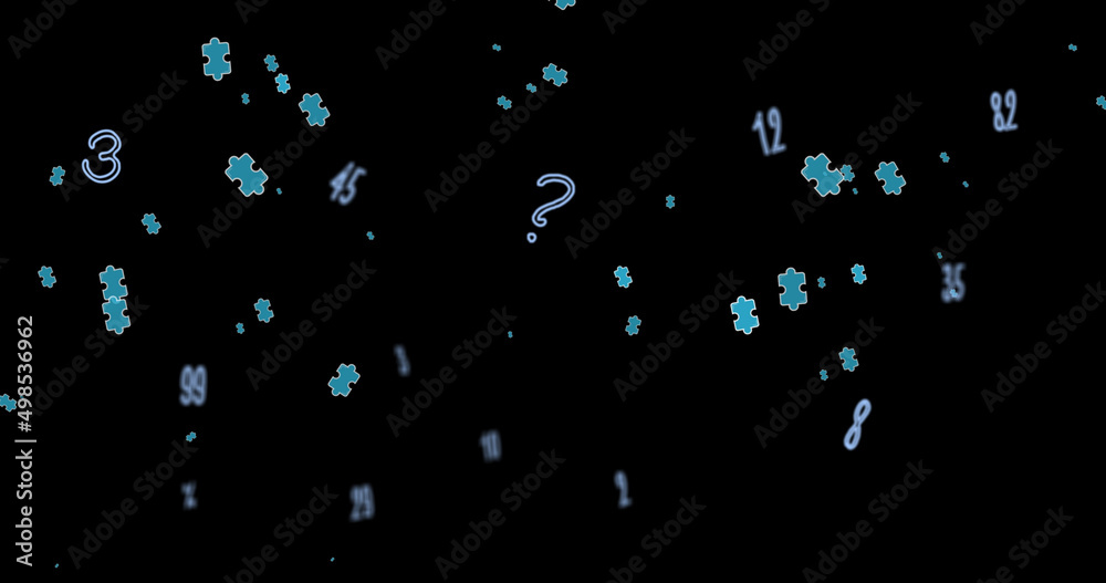 Image of blue puzzles and numbers floating over black background Image of blue puzzles and numbers floating over black background