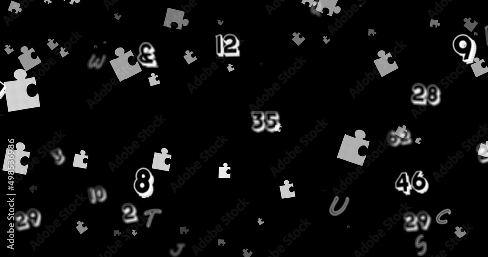 Image of puzzles and numbers floating over black background Image of puzzles and numbers floating over black background