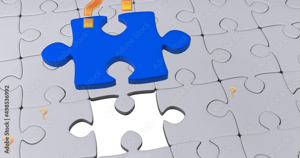 Image of question marks and blue puzzle over white puzzle background Image of question marks and blue puzzle over white puzzle background