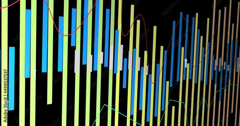 Image of data processing and arrows on black background Image of data processing and arrows on black background