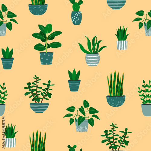 Seamless pattern of houseplants in flowerpots. Cartoon colorful plants on beige background