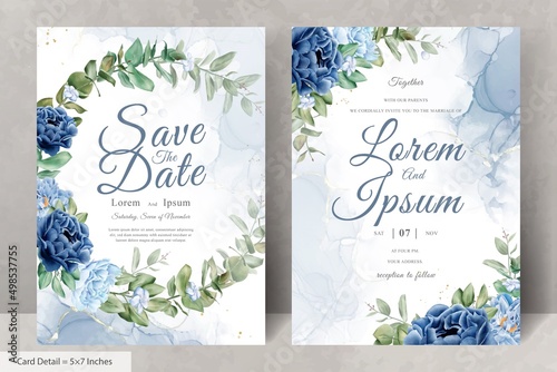 Watercolor Navy Blue Flower and Leaves Wreath Wedding Stationery
