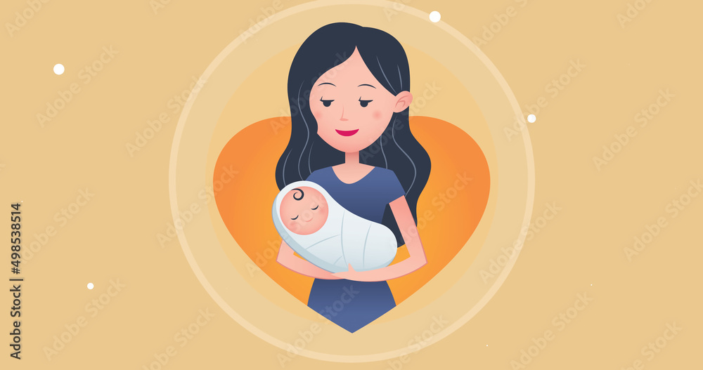 Image of mother and newborn over heart and circle on yellow background with white dots Image of mother and newborn over heart and circle on yellow background with white dots