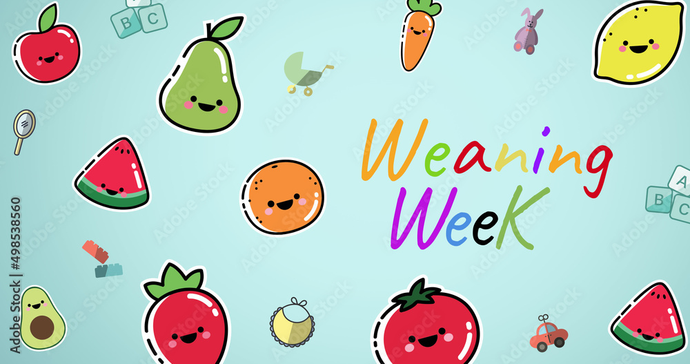 Image of cartoon fruits and vegetables moving over blue background and  weaning week text Stock Illustration | Adobe Stock