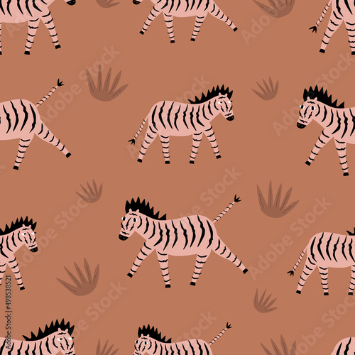 African zebras in the savannah hand drawn vector illustration. Cute baby characters in flat style. Animal seamless pattern.
