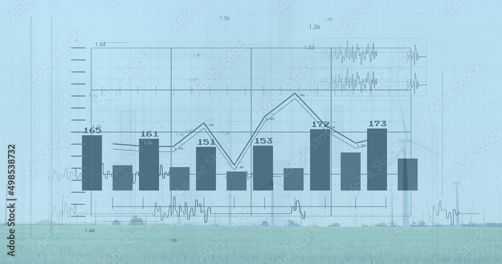 Naklejka premium Image of financial data processing over wind turbines and landscape