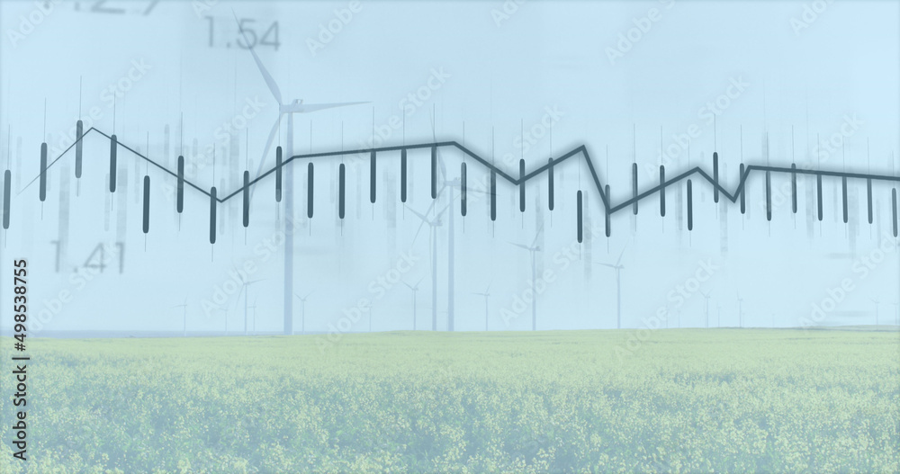 Obraz premium Image of financial data processing over wind turbines and landscape