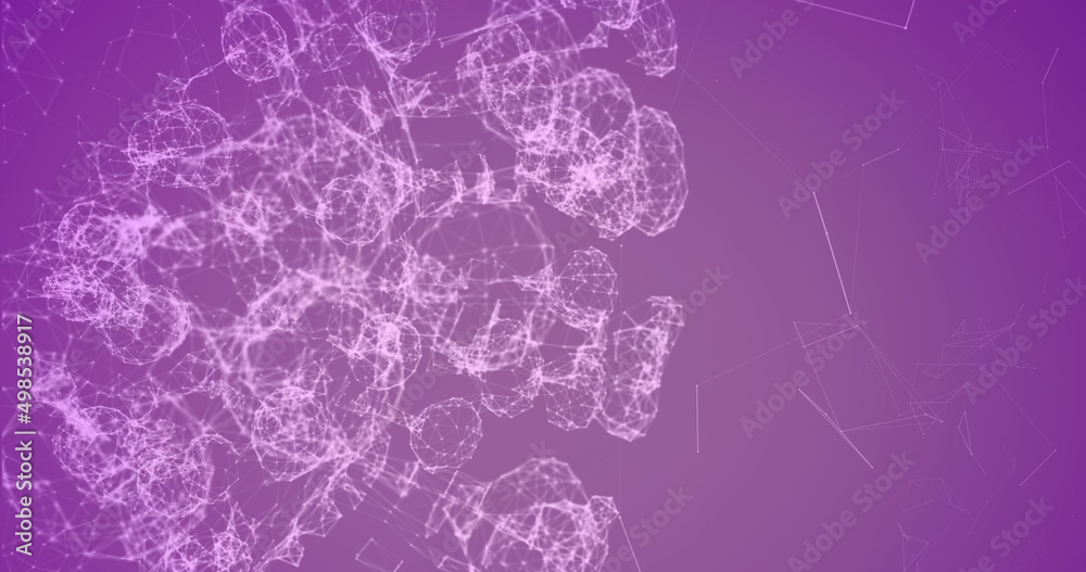 Image of 3d dna strand spinning over network of plexus connections on purple background