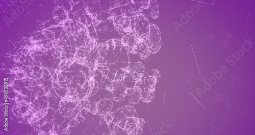 Image of 3d dna strand spinning over network of plexus connections on purple background