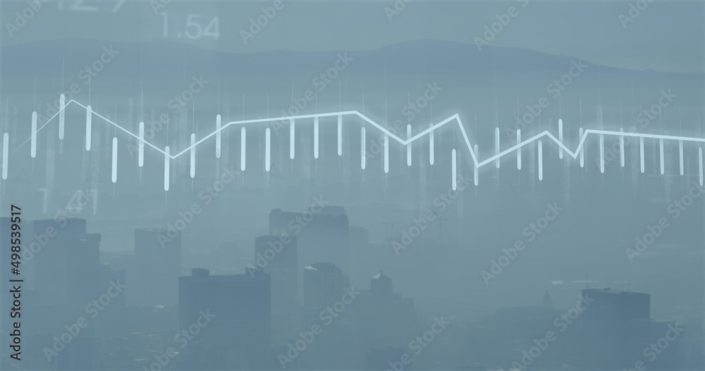 Obraz premium Image of financial data processing over cityscape