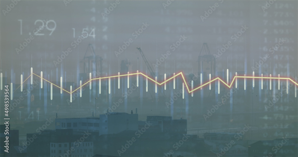 Naklejka premium Image of financial data processing over cityscape