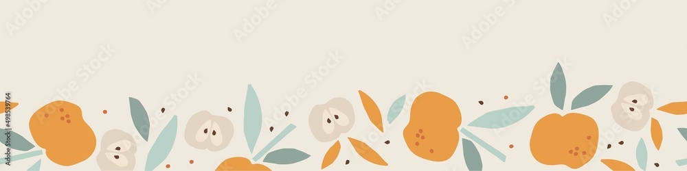 Seamless apple border. Fruits with leaf hand drawn sketch isolated. Whole fruit and cut half. Silhouette vector illustration for wallpaper. Food template for menu, cover, nursery design