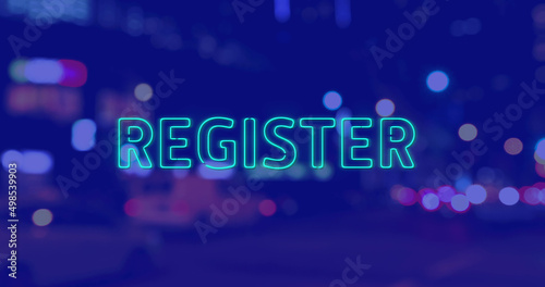 Image of register text over cityscape at night on blue background