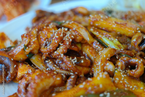 Octopus cut into pieces and stir-fried in a spicy sauce made of red chili powder and minced garlic.