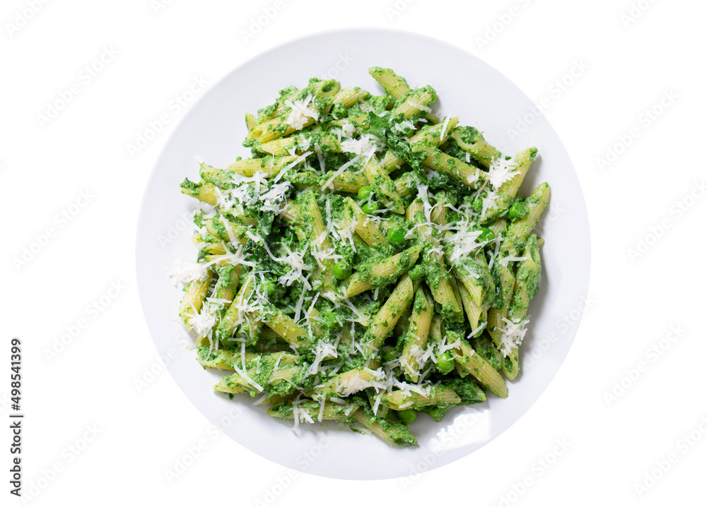 plate of pasta with spinach, peas and parmesan cheese isolated on white background plate of pasta with spinach, peas and parmesan cheese isolated on white background