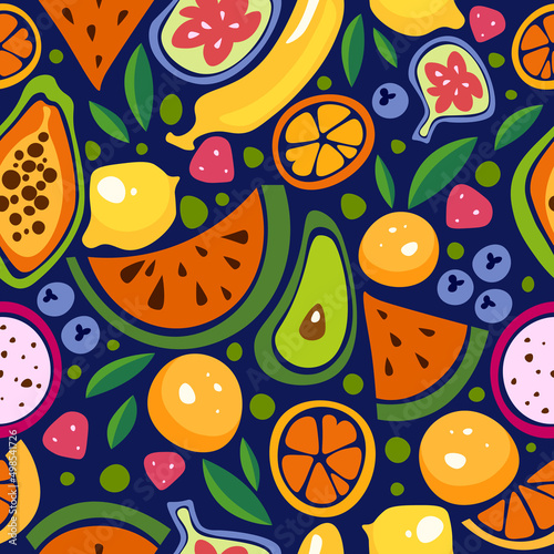 Tropical fruits pattern. vector pattern of stylized watermelons, avocados, oranges, bananas, figs, papaya and other fruits.
