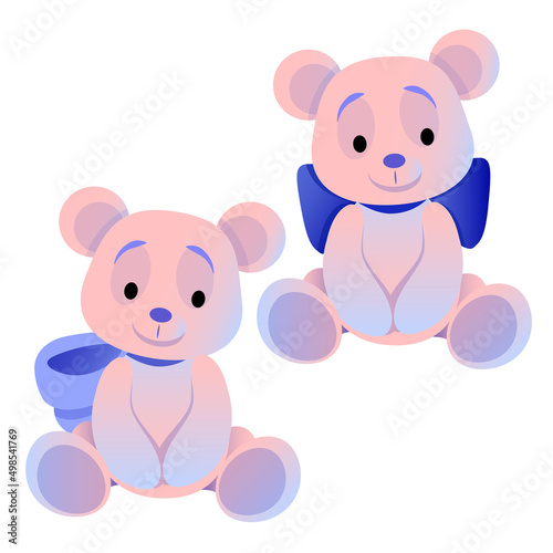 Two cute teddy bears are sitting with different bows