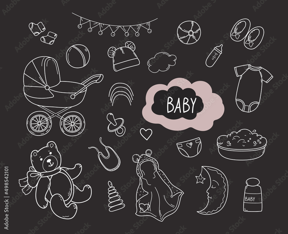 Set of hand drawn baby boy and girl. Cartoon sketch style chalk doodle for icon, banner. 