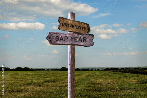 Gap year or university signpost outside. Graduation decision making process. photo