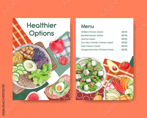 Menu template with healthy salad concept,watercolor style