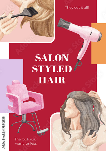 Poster template with salon hair beauty concept,watercolor style
