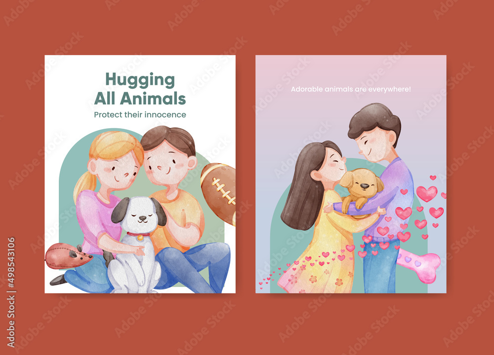 Cover book template with cute dog and cat hugging concept,watercolor style Cover book template with cute dog and cat hugging concept,watercolor style