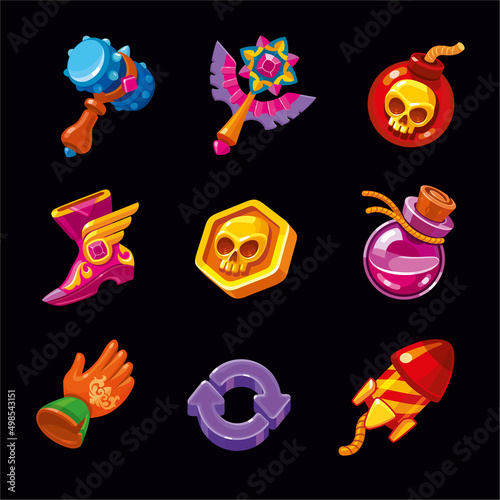 Booster Icons in fantasy style. Set for computer Mobile Game. For use in a Matc3 game. Bright isolated symbols  