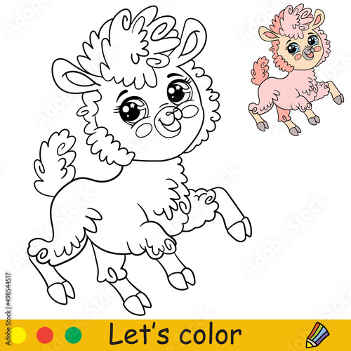 Cartoon cute happy llama coloring vector illustration
