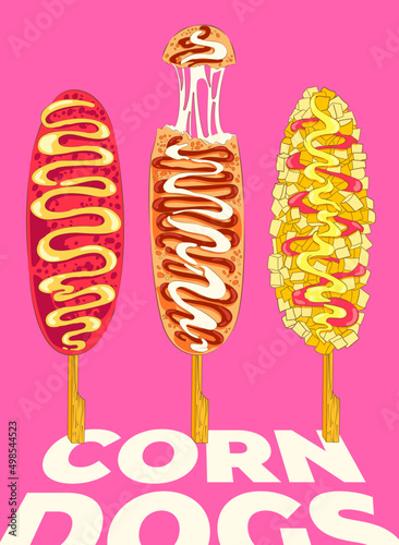A set of corn dogs. Vector illustration of the famous Korean corn dog with street food