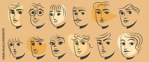 Collection de visages pour projet de communication, avatar de jeunes étudiants style illustration lignes traits, vecteur, tête de personnes dessin animé