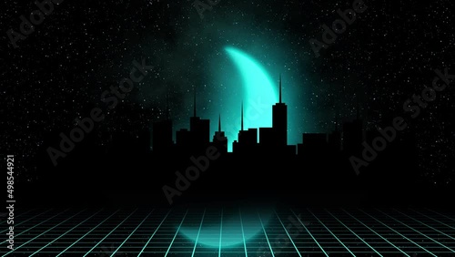 Silhouette of a city at night with moon animation
