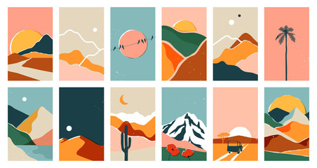 Canvas schilderij Wit Big set of abstract mountain landscape banner collection. Trendy flat collage art style backgrounds of diverse vintage travel scenery. Nature environment, winter biome, multicolor hills, desert dunes.  © Dedraw Studio
