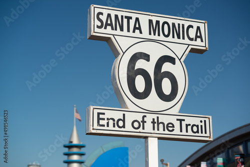 Route 66 End of Trail road sign in Los Angeles, California photo