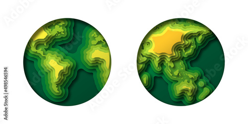 Colorful paper cut earth planet map on isolated white background. Green 3d papercut layered globe sphere illustration with america and asia continent for environment care or international concept.