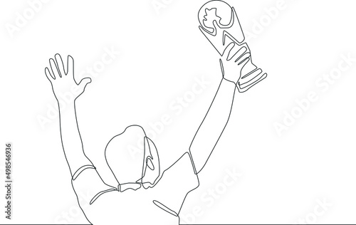Single continuous line drawing of  Back view of sportsman holding trophy. one line draw design graphic vector illustration.