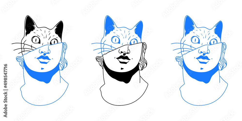 Statue head line illustration.Statue head along with cat head minimalistic print.T-shirt print design template.
