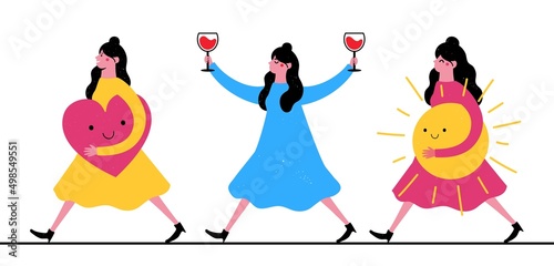 Vector illustration with walking girls with sun, wine and heart. Funny print design collection, sticker set.