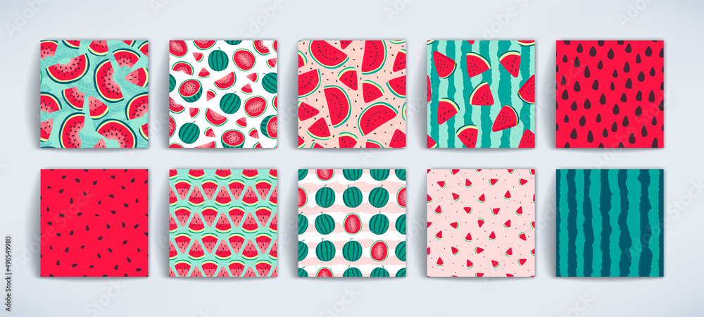 Vector watermelons hand drawn seamless patterns set. Cute summer fresh fruits print. Watermelon red slices, half sliced and whole watermelons repeat textures collection for fabric design, background.