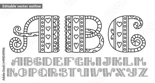 ABC doodle set. Hand drawn line sketch alphabet. Children's letters for coloring book. Editable outline