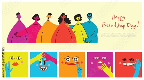 Background with happy diverse hugging people. Concept of friendship day, unity. Celebration or congratulation of multiracial students or friends.
