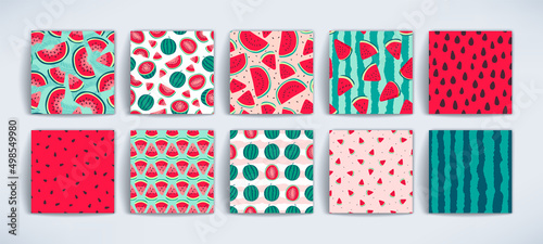Vector watermelons hand drawn seamless patterns set. Cute summer fresh fruits print. Watermelon red slices, half sliced and whole watermelons repeat textures collection for fabric design, background.