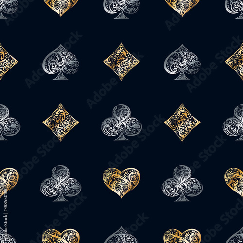 Vector seamless pattern with Playing Card suits symbols made by floral elements. Vintage  illustration in golden, silver and black colors for casino banner, poker background, gambling design, label