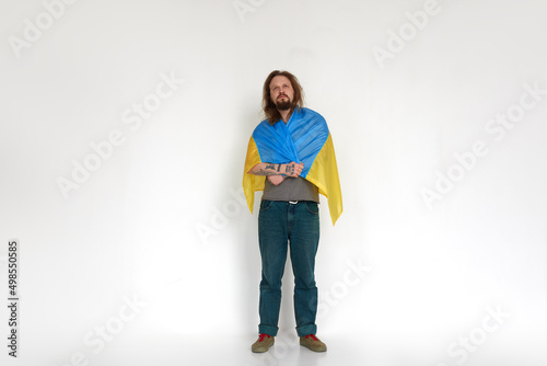Ukrainian man refugee in flag on white background