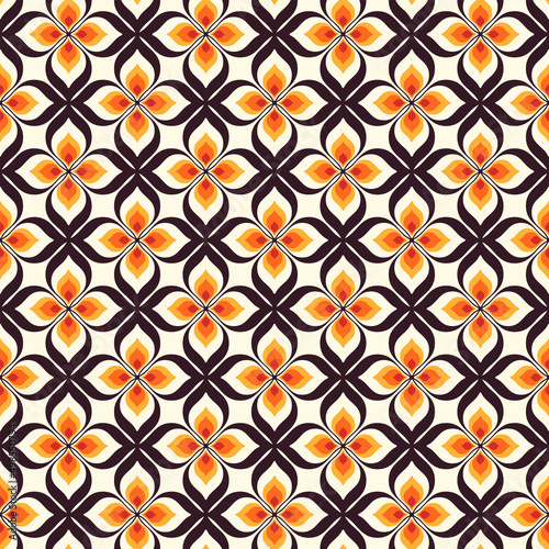 Vintage geometric floral seamless pattern. Retro 70s nostalgic simple shaped groovy flowers with circles colorful background. Modern fashion vector print for fabric, wallpaper